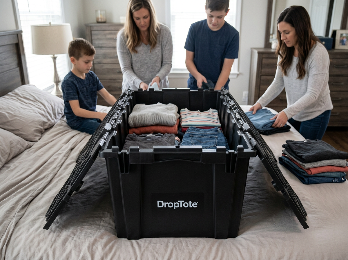 Parent and child folding clothes into a black DropTote on a bed, with a second tote on a dolly nearby