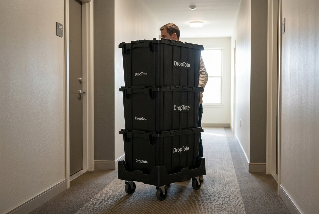 Man rolling a stack of four black DropTote moving bins on a dolly through an apartment hallway