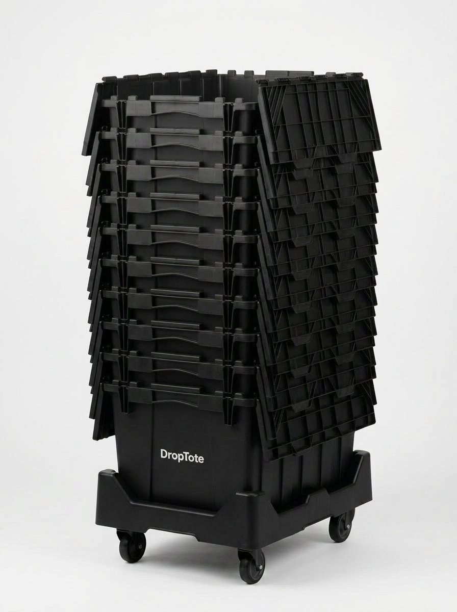 A man wheeling a tall single column of ten empty black DropTote bins nested together on a dolly