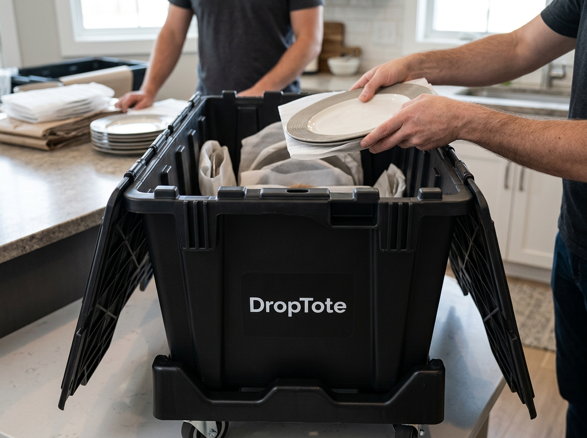 Woman wrapping ceramic dishes and packing them into a black DropTote on her kitchen island