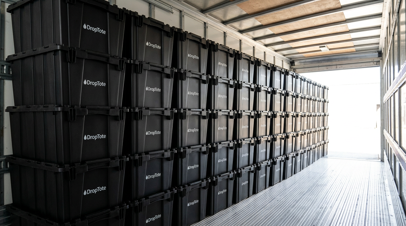 A neatly stacked wall of black DropTote moving bins loaded inside a box truck, all logos forward and aligned